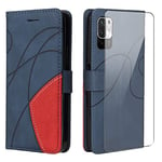 Coque pour Xiaomi Redmi Note 10 5G / Poco M3 Pro 5G, Couleur Combinaison (Bleu et Rouge) PU Cuir Flip Housse Étui avec UN Verre Trempé Film Protection Écran pour Redmi Note 10 5G / Poco M3 Pro 5G