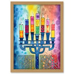 Artery8 Jewish Menorah Candles Multicolour Folk Art Watercolour Painting Artwork Framed A3 Wall Art Print