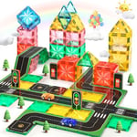 Lovchil 72 Pièces Construction Magnétiques Enfants avec Route et Voiture, Jouet Blocs de Construction Magnétiques Enfant 3 Ans, Magnetic Tiles Jeux Cadeau pour Fille Garcon 3 4 5 6 7 8 Ans