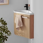 Ensemble meuble lave-mains d'angle décor chêne skino avec robinet noir