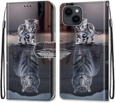 Peinture Premium Pu Cuir Coque Pour Apple Iphone 14 Coque En Cuir Pu Etui De Protection Motif Avec Fonction Support Magnétique Portables Case Pour Apple Iphone 14,Chat Tigre