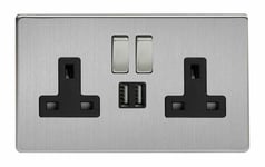 Varilight XDS5U2SBS Screwless Brushed Steel 2 Gang 13A Plug Socket 2.1A USB