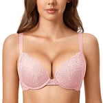 DOBREVA Femme Soutien Gorge Push Up Dentelle avec Armatures Plongeant Rembourré Moulé Rose Nue 105A