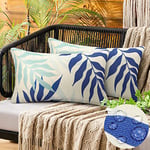 Housses de Coussin Extérieur Etanche 30x50 cm Bleu Housses de Coussin Feuilles Décoratives Lot de 2 pour Canapé Lit Jardin Extérieur Terrasse Chaise Salon Moderne Feuilles Exotiques Housses de Coussin