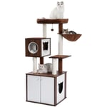 PAWZ Road Grand Arbre à Chat XXL en Bois Deluxe avec Cabinet, Bac à Litière, Poteau Griffoir Luxeux, 150cm, Marron