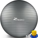 TRESKO® Ballon de Gymnastique | Anti-éclatement | Boule d'assise | Balle de Yoga | Balles d'exercices Fitness | 300 kg | avec Pompe à air | Gris | 65cm