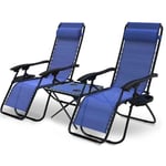 vounot Lot de 2 Chaise Longue inclinable avec Table Pliable Support de Gobelet Chaise de Jardin Pliable en Textilène Chaise Longue avec Rembourrage de Tête Charge Max 120 kg Bleu