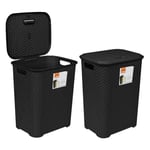 2 x Large Plastic Laundry Basket & Lid 65L Washing Clothes Storage Hamper BLACK