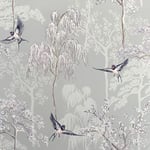 Arthouse Japanese Garden Grey Wallpaper - Hand Drawn Oriental Trees - Birds on a Soft Grey Background - Handrawn Pattern - Pearlescent Highlights adds Texture - Create a Relaxing Effect - 908105