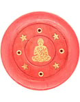 Rund Liten Rød Røkelsesholder i Mango-Tre med Buddha Motiv - 7 cm