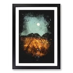 Big Box Art The Moon Above The Mountains Paint Splash Framed Wall Art Picture Print Ready to Hang, Black A2 (62 x 45 cm)