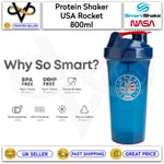 Smart Shake Bottle 800ml Protein Shaker Lite NASA USA Rocket Blue BPA-Free