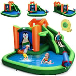 Château Gonflable avec Toboggans Aquatiques, Aire de Jeux Gonflable Piscine avec Motif de Pingouin, Canon à Eau, Panier de Basket-Ball 3 à 10 Ans