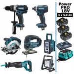 Pack Makita Power pro 7 outils 18V : DDF458 + DTD152 + DJV180 + DSS610 + DJR186 + DMR108 + DEADML805 + 3 batt 5Ah + sac