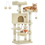 Feandrea Arbre à Chat Hauteur 112 cm, Tour de Jeux pour Chat, avec 11 Poteaux à Griffer, 2 Plateformes, 1 Niche, 1 Hamac, 2 Pompons, en Tissu Peluche, Plusieurs Niveaux, Beige PCT215M01