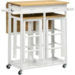 Ensemble table de bar pliable sur roulettes avec 2 tiroirs - 2 tabourets inclus - bois bambou verni et blanc