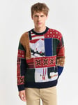 GANT Wool Blend Fairisle Christmas Patchwork Crew Neck Jumper, Dark Navy Melange