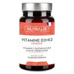 Vitamine D3 K2 (MK7) Haute Dose 10000 UI - Vit C + Huile d'Olive - 20 Mois Traitement - Os Muscles Système Immunitaire - Vitamine D BIO-disponible avec Vitamine K2 C et Silicium - 60 Gélules NUTRALIE