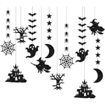 Halloween fladdermus spindel hängande kit, 12 st Halloween prydnader svart glitter fladdermus häxa spindelnät spöke banderoll girlang, läskiga tema väggdekaler hängande