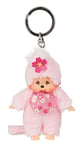 Sekiguchi 242467-Original Monchhichi Fille Cerisier, en Peluche Rose, avec Bavoir et Tresse, Porte-clés, env. 10 cm, À Fleur, 242467, Rosa