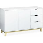 Sweeek - Buffet de rangement blanc. pieds bois - Floki - avec 3 tiroirs. buffet 2 portes. buffet bas. 120x40x75 cm