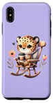 Coque pour iPhone XS Max Mignon guépard buvant du café dans une chaise à bascule sur violet