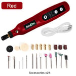 Mini perceuse sans fil aste USB,stylo de gravure sans fil aste avec LED,outil distant Dremel,perceuse électrique,accessoires de meulage - Type Red-24PCS