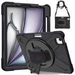 Gerutek Coque Antichoc pour iPad Air 11" M2 2024/Air 5è/Air 4è/iPad Pro 11 (4è/3è/2è/1è), Étui Armure Robuste avec Support Rotatif, Dragonne et Bandoulière, Porte-Stylet, Housse pour iPad Air 6è, Noir