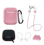 Silikonfodral Set för AirPods 2 / AirPods 1 + Fodral / Öronkrok / Halsrem / Klockarmbandshållare / Karbinhake - rosa