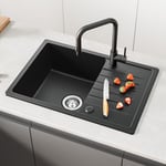 Evier 1 Bac 60x45cm avec Panier de Vidange et Distributeur de Savon Gratuits - Evier en Quartz et Résine - Evier de Cuisine Noir - Cecipa