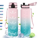 Gourde, 1L, Gourde Sport, Gourde Filtre et Marqueur de Temps, Sans BPA, Bouteille d'eau pour Sport, Fitness, Yoga, L'école, Bureau