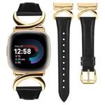 TOYOUTHS Leather Strap Compatible with Fitbit Versa 4/Versa 3/Sense 2/Sense Women Slim Thin Dressy Elegant Premium Leather Strap with C-Shaped Metal Buckle for Versa 4 Sense 2, Black/Gold