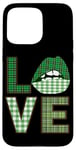 iPhone 15 Pro Max Green Plaid Lips Love Text Case