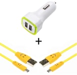 Car Pack for Samsung Galaxy A10 Smartphone Micro USB (2 Smiley Cables + Double LED Cigarette Lighter Adapter) (Yellow)