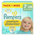 Pampers Premium Protection, Taille 7, 128 Couches, 15kg+, Double Protection pour la peau et contre les fuites Avec Poche Stop & Protect pour aider à capturer les Fuites, Pack 1 Mois