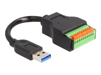 Delock - Usb-Adapterkabel - Usb Typ A (Hane) Till 10 Stifts Terminalblock - Usb 3.2 Gen 1 - 15 Cm - Tryckknapp, 2.54 Mm Pitch, Stripped Ends - Svart/Grön