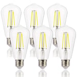 FLSNT Ampoule E27 4000K Blanc Froid, 7W(équivalent 60W), ST64 LED Filament Edison Ampoule E27 Vintage, 806LM Ampoules LED Intérieur E27, Non-Dimmable, Lot de 6