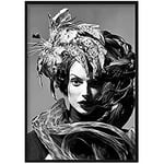 Artze Wall Art Fashion Woman in Feathers Photo Print, 50 cm Width x 70 cm Height, Black/White