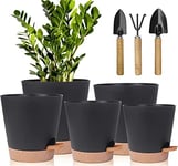 5 Pcs Pots de Fleurs en Plastique,17.8/16.5/15.2/13.9/12.7cm Pots à Fleurs/Plantes en Plastique,Auto-Arrosant avec Soucoupe de Fleur Convient aux Jardins de Balcon Intérieurs et Extérieurs(Noir Marron