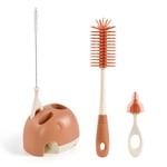 Vicloon Ensemble de Brosse pour Bébé, 4 en 1 Brosse de Nettoyage rotative pour Bébé, Brosse de Nettoyage de biberon en Silicone, Brosse de Nettoyage pour Bébé avec Support de Rangement（Orange）