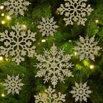 36 st julgranspynt i guld med snöflingor, plast, glitter, olika storlekar, hantverkssnöflingor för vinter och jul