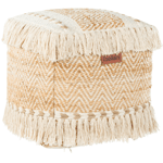 Pouf Carré avec Pompons Remplissage Billes EPS en Jute et Coton Beige Alupola