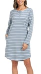 Lovasy Chemise de Nuit Femme Coton Robe de Nuit Longue Rayé avec Col Rond Tee Shirt de Nuit Boutonnée Devant Grande Taille Pyjama et Chemise de Nuit A Bleu Clair XL