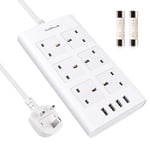 Surge Protected Extension Lead, AUOPLUS 6 Gang Power Strip with 4 USB Port, Multi Plug Charging Station for Phone/Tablet/Laptops, Power Extension for Home & Office - 2 Meter Cord - white