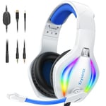 Krysenix PG1 Casque Gaming pour PS4/PS5/PC/Xbox/Nintendo Switch, Casque Gamer avec Son Microphone Stéréo AI, Casque PS5 avec Prise Jack 3,5 mm et lumière RVB, Blanc/Bleu