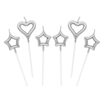 Lahviuu 4 pcs star birthday candles and 2 pcs heart birthday candles,Exquisite Cake Candles for Birthday Wedding Party Cupcakes Topper Decorations Anniversary Valentines Day,Silver