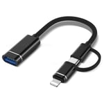 Lightning/USB-C til USB-A hun 3.0 kabel - 2i1 OTG adapter - Sort