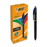 BIC 4 Couleurs Pro Stylos-Bille Rétractables (Pointe Moyenne (1 mm) / Parfait pour l'Ecole et au Bureau) - Couleurs Assorties, Boîte de 12