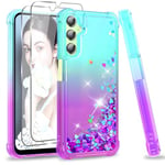 LeYi Coque pour Samsung Galaxy A24 4G/5G avec Verre Trempé [Lot de 2], Fille Liquide Paillette Transparente Silicone Gel TPU Antichoc Kawaii Etui Housse pour Galaxy A24 Turquoise Violet