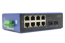 DIGITUS Switch Industriel 10 Ports PoE Gigabit Ethernet - 8 Ports RJ45-2 Ports SFP - Indice de Protection IP40-10/100/1000 Mbps - Montage sur Rail - Noir/Bleu